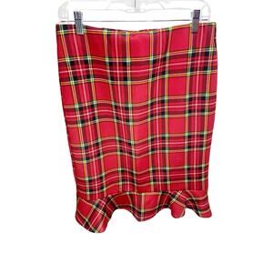 Messini Midi Red Plaid Pull On Skirt w/Ruffled Edge sz M